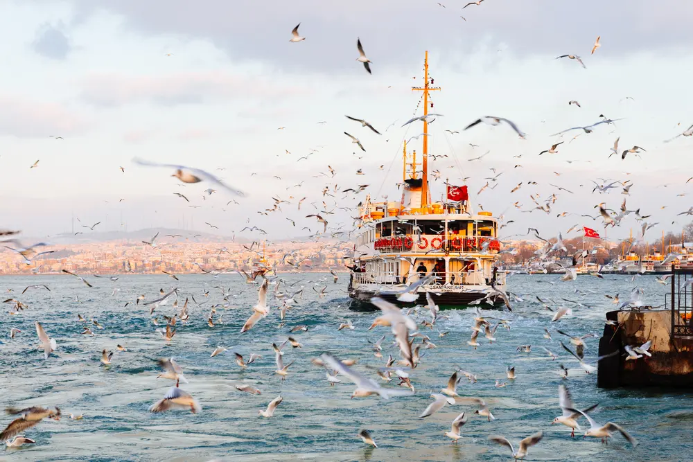 An image featuring Istanbul's ferry transportation system in action. Multiple ferries, painted in vibrant colors, navigate the sparkling waters of the Bosphorus Strait, with passengers aboard enjoying the scenic ride. The ferries, with the city's skyline as a backdrop, represent a vital mode of transport in Istanbul, connecting both sides of the city and offering a unique perspective of its iconic landmarks.